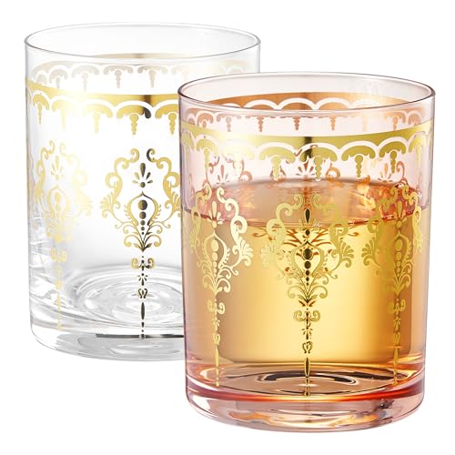 Khen Clear Moroccan Tumbler Glassware | Set of 2 | Gold Ornate Vintage Decorative Drinking Cups, Retro Bohemian Pattern Barware for Water, Whiskey, Cocktail, Iced Tea - Clear and Pink