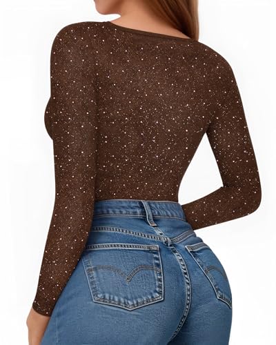 Image of MANGOPOP Womens Bodysuit Long Sleeve Crew Neck Body suit for Women Ribbed Bodysuits Shirts
