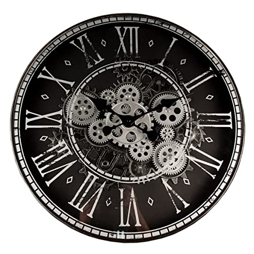 HAES DECO - Grande Horloge Murale 50 cm Noir Argenté - Horloge Radar à Engrenages Tournants - Horloge Plastique - Cadran Chiffres Romains - Horloge Murale Ronde Horloge à Suspendre Horloge de Cuisine