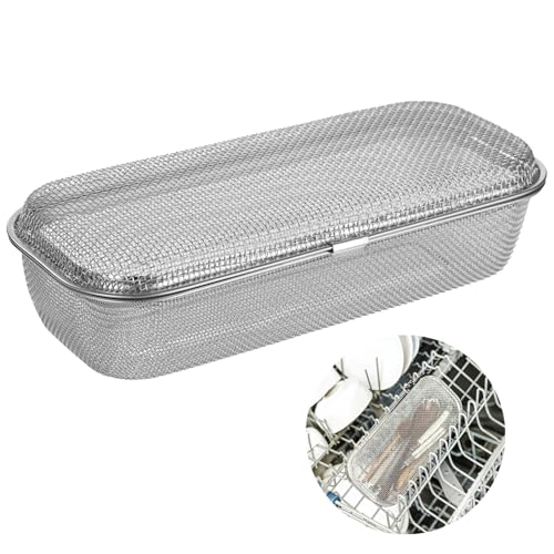 Cesta de acero inoxidable para lavavajillas, organizador de cubiertos de utensilios, 10.2 x 4.7 x 2.8 pulgadas, escurridor de utensilios de cocina, malla para utensilios, color plateado