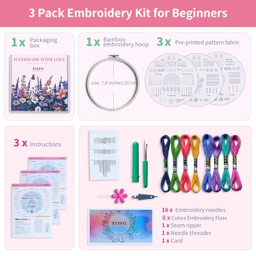 ETSPIL Pacote com 3 kits de bordado para iniciantes e adultos – Aprenda 33 pontos com padrões de flo