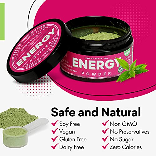 Energy Powder - Natural Caffeine | Focus & Brain Boost Formula | Nootropic - No Crash & No Sugar (20 Servings) Matcha Green Tea, Guarana, L-Theanine, Eleuthero – Plant Based Energy - 0 Cal | 1.1Oz #TOP5