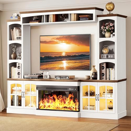 Image of MXV 98 inch Farmhouse Fireplace TV Stand, Large Wall Unit Entertainment Center with 36 inch Electric Fireplace, Media Console with Storage Cabinets and Open Shelves for Living Room, White