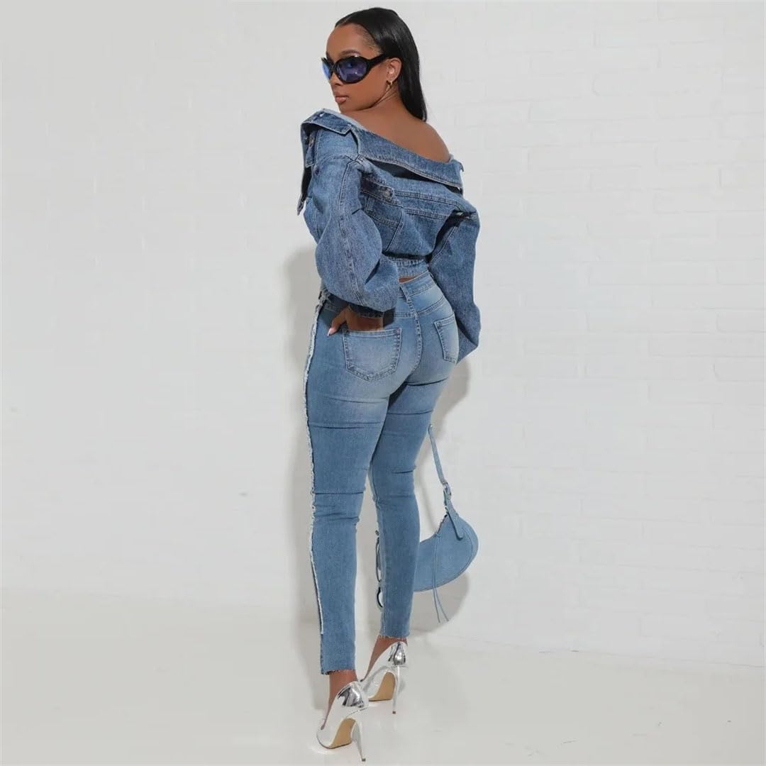 Women's Blue Retro Lapel Long-Sleeved Single-Breasted Irregular Slim Short Denim Jacket