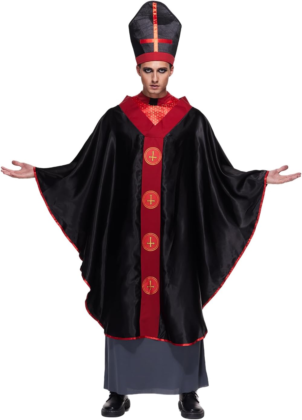EraSpooky Men Dark Priest Costume Black Mass Bishop Outfit Gothic Clergy outfit with Hat