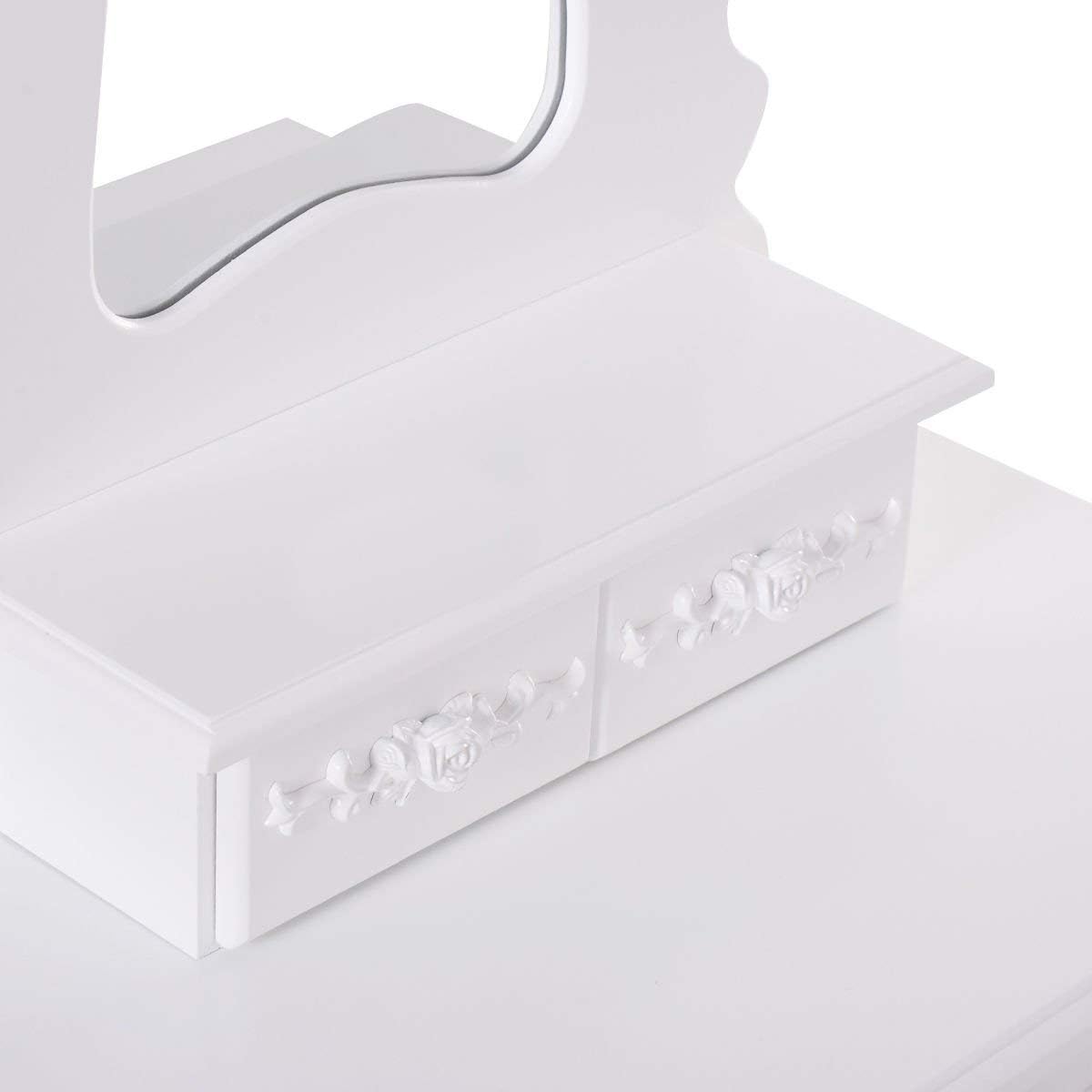 Casart Bathroom Vanity Wood Makeup Dressing Table Stool Set with Mirror (White)