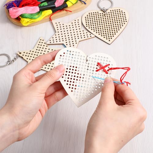 Image of Ymapinc Beginner Embroidery Cross Stitch Keychain, 6Pcs Mini Sewing DIY Key Chains for Beginners Age 5-8, Small Cross Stitch Wood Pentagram and Heart Shaped Needles Sewing