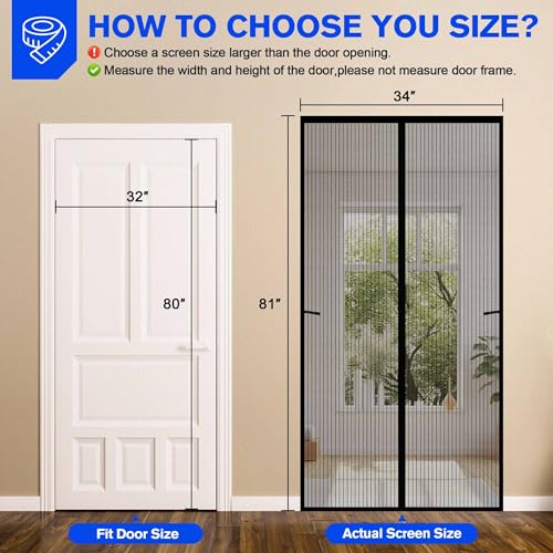 Magnetic Screen Door - Fits Door Size 32" x 80" | Heavy Duty, Hands-Free Auto-Seal Mesh, Frame Hook & Loop Keep Door Open | Kid & Pet Friendly, Blocks Bugs, Lets Breeze in for Patio & Sliding Doors — view 2