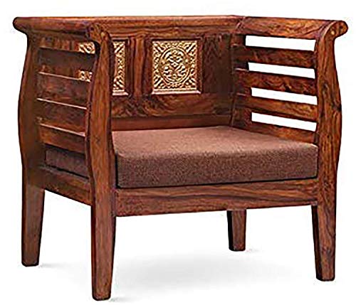Image of Solid Sheesham Wood 1 Seater Wooden Sofa Chair with Cream Cushions | X Design Wooden Loveseat Couch for Home, Office & Lounge | Walnut Finish
