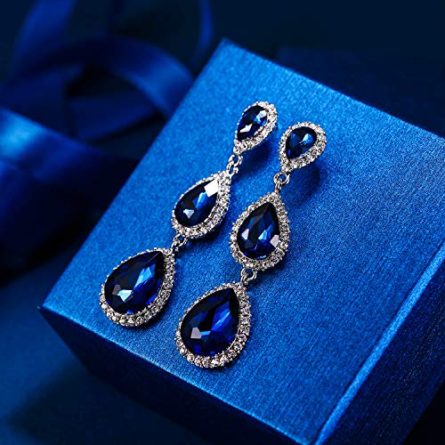 Elequeen Women's Silver-Tone Austrian Crystal Tear Drop Pear Shape Long Dangle Earrings Royal Blue #TOP2