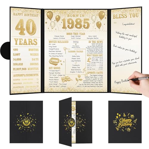 Benjia 40th Birthday Decoration, Bday Card Gift Guest Signing Book for Woman Man, Born in 1985 UK Poster Guestbook, 40 Years Old Signature Board, Black Gold Birthday Party Decor for Mum Dad