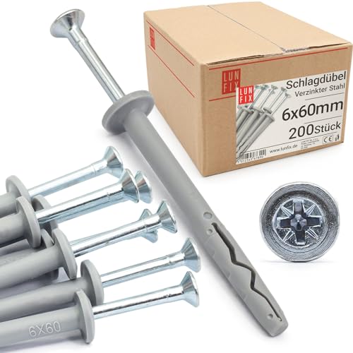 LUN FIX Schlagdübel 6x60mm 200 Stück Verzinkter Stahl Nageldübel Rahmendübel mit Pilzkopf Schnellmontage Dübel Spreizdübel vormontierten Schrauben mit Dübel für Beton Vollziegel