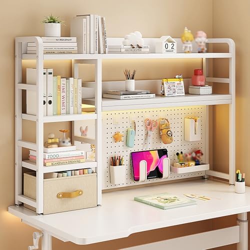 White Wood Desk Hutch for College Dorm, Desktop Bookshelf & Storage Rack, Multipurpose Pegboard Bookcase for Students, Computer Desk Organizer, Home Office Furniture