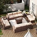 Aoxun Patio Furniture Set 13 Pieces Wicker Rattan Outdoor Furniture with 44” Fire Table Patio Sectional Sofa with Thickened Cushions-13 Piece, Beige (Waterproof Cover Included)