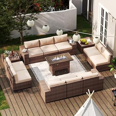 Aoxun Patio Furniture Set 13 Pieces Wicker Rattan Outdoor Furniture with 44” Fire Table Patio Sectional Sofa with Thickened Cushions-13 Piece, Beige (Waterproof Cover Included)