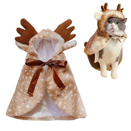 Dog Christmas Costume Funny Elk Dog Cloak Xmas Reindeer Cat Cape with Antlers Holiday Puppy Outfit Fleece Pet Clothes for Chihuahua Yorkie,Brown (Large, Brown)