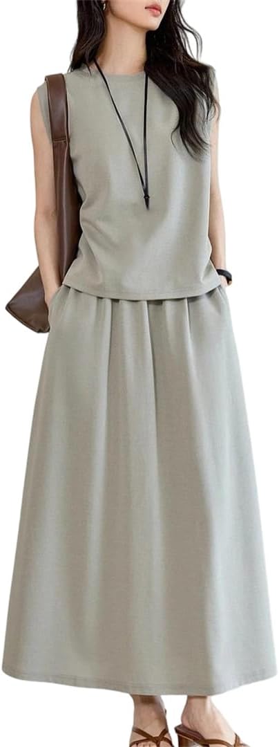 Women's Summer Skirt Set Two Piece Casual Outfit Sleeveless Tank Top And Elastic Waist Midi Skirt Lady Suit