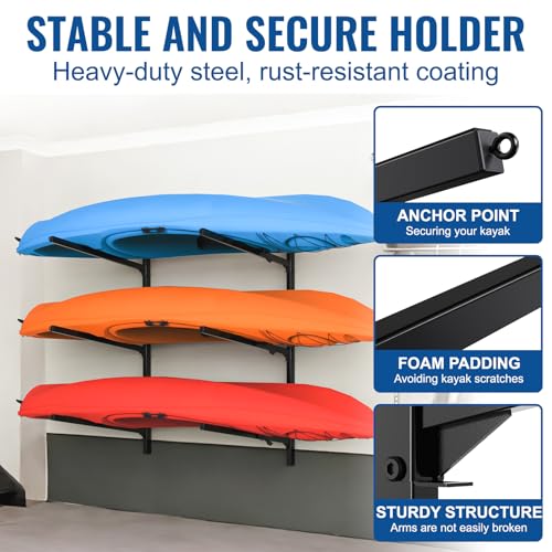 LXVOOEE Kayak Storage Rack Wall Mount, Heavy Duty Kayak Wall Mount for Garage and Outdoor Storage, Kayak Wall Rack Adjustable for Kayak, Canoe, Surfboard and Paddle Board, 3 Tier