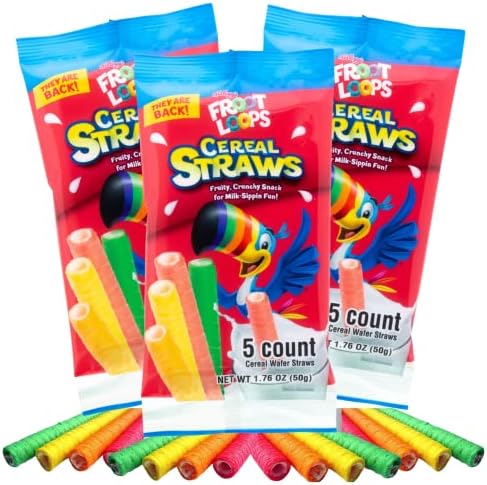 Needzo Froot Loops Cereal Straws, Edible Straw Alternatives for Milk, Nostalgic Breakfast Treat, Pack of 3, 5 Count Each