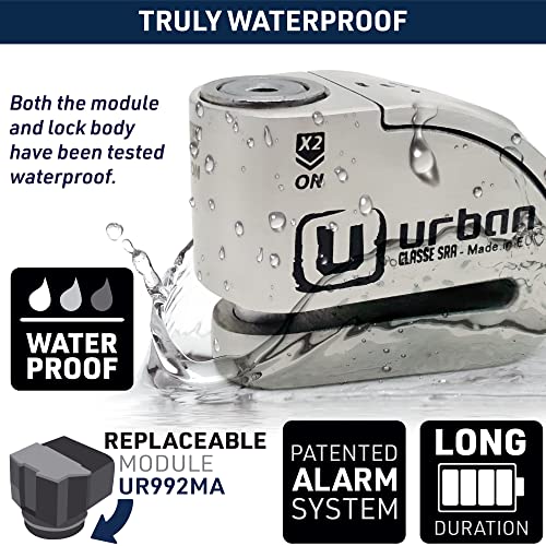 Image of URBAN UR14S Approved Motorcycle Disc Lock with Smart Alarm | 120dB, LED, Warning, A+ Sensitivity, X2 ON | SRA & Sold Secure Gold Tested Anti-Theft for Motorbike | 14mm Double Locking, Stainless Steel