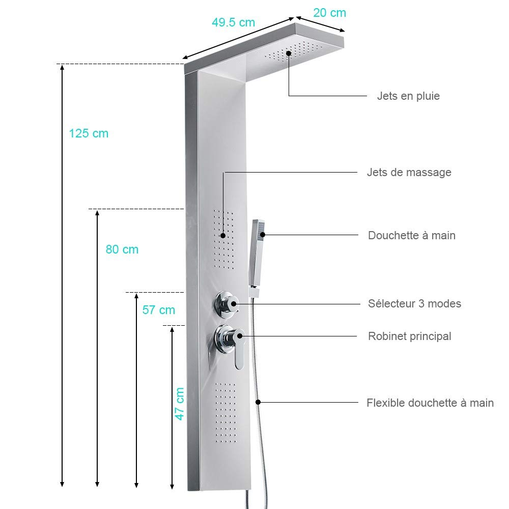 ZENY Colonne de douche hydromassante 3 jets Gris