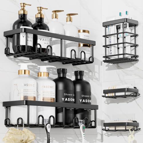 Image of YASONIC Shower Caddy Adhesive, 100% Rustproof Shower Organizer with Soap and Toothbrush Holder, Large Capacity Shower Shelves for Inside Shower, No Drill Shower Storage for Home (5 Pack Black)
