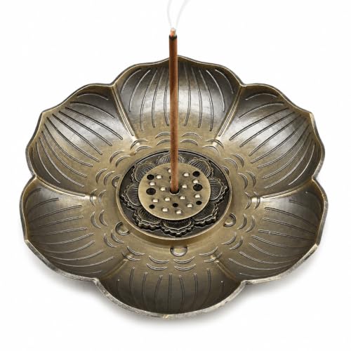 Brass Lotus Incense Holder 9-Hole Incense Stick Burner with Detachable Center Insert and Ash Catcher 3.7 Inch Retro Metal Tray for Home Meditation Tea Room Décor