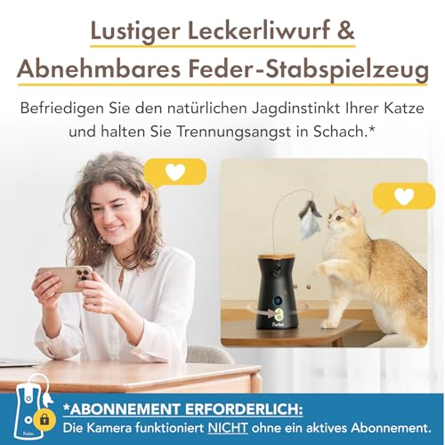 Furbo 360° Katzenkamera mit Heimsicherheits-Paket [Premium MIT ABO]: Intelligente Kamera mit App für Katze & Heim, Rotierende 360° Sicht, Farbnachtsicht, Tracking, Leckerliwurf, Miauen-Alarm UVM.