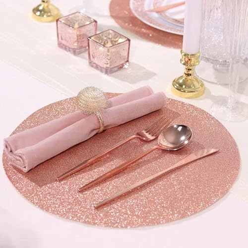 Efavormart 6 Pack Non-Slip Table Placemats, Round Faux Leather Placemats With Glitter - Blush/Rose Gold For Wedding, Banquet, Party, Kitchen, Dining, Conference Tables Decor, Centerpieces #TOP7