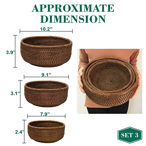 Rattan Wicker Storage Baskets For Fruit Organizing Kitchen Potato Basket For Pantry Set 3 Fruit Containers For Counter Vegetable Bins For Onions Bowl For Keys And Wallet (Combo Set 3, Dark Brown) #TOP1