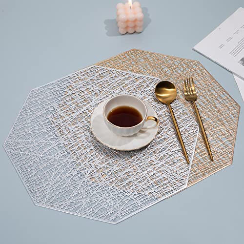 U'artlines Octagonal Placemats Hollow Out Mats Vinyl Non-Slip Heat Insulation Kitchen Table Mats (Octagonal Silver, 6Pcs) #TOP7