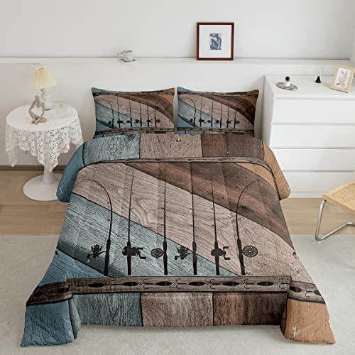 Fishing Quilt Fishing Pole Queen Comforter Set Fishing Gifts for Men,Vintage Patchwork Wood Bedding Comforter Sets Go Fish Duvet Insert,Angle Hook Fishing Accessories Rustic Home Decor,Blue