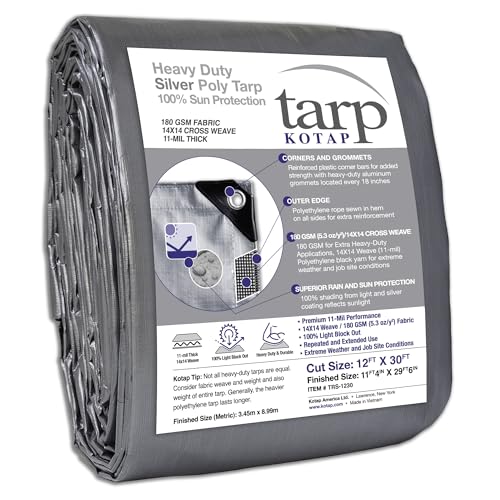 KOTAP Heavy-Duty Protection/Coverage Tarp, 10-mil, Silver, Cut Size 12 ft. X 30 ft./Finished Size 11 ft. 4 in. X 29 ft. 6 in., TRS-1230, Multi-Use, Waterproof