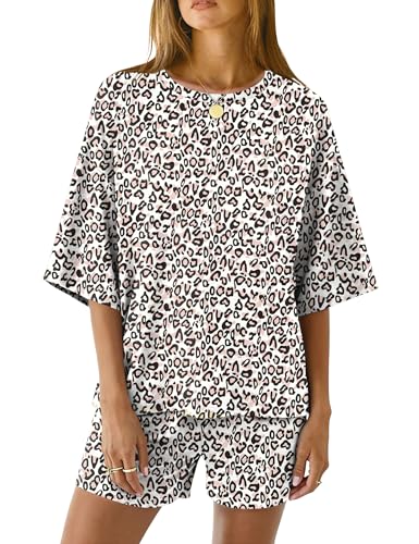 LOMON Summer Pj Sets for Woman 3/4 Sleeve Tops and Elastic Waist Shorts