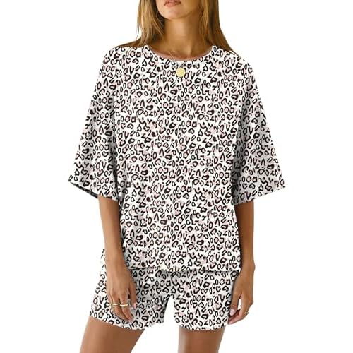 LOMON Two Piece Sets for Women Summer 3/4 Sleeve Tops and Elastic Waist Shorts Pajamas Cute Comfy Soft Lounge Striped Pjs Leopard Small