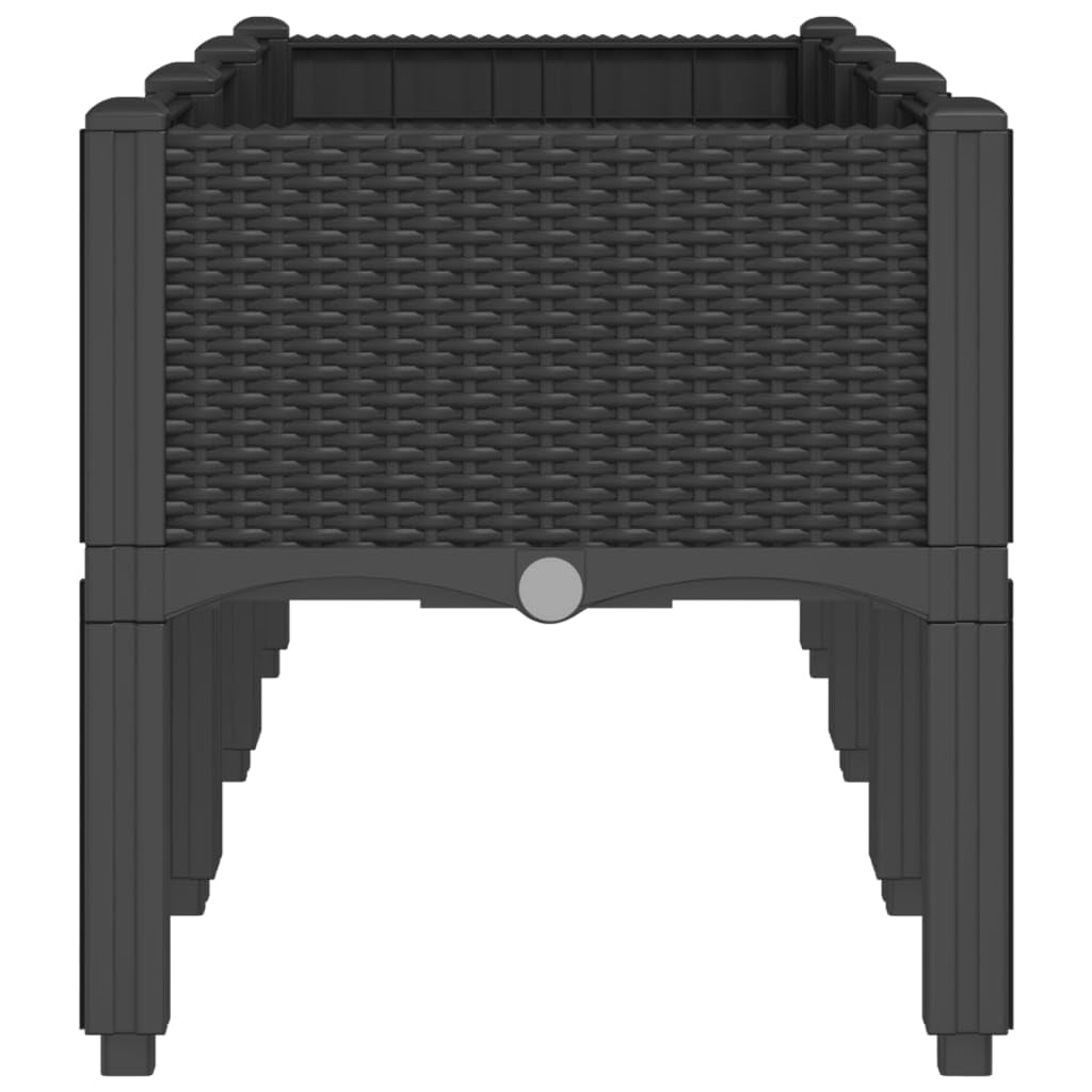 Donica ogrodowa z nóżkami czarna 120x40x42 cm PP podwyższona donica na warzywa kwiaty i rośliny pnące na taras balkon patio rattanowy design pojemnik z odpływem wody