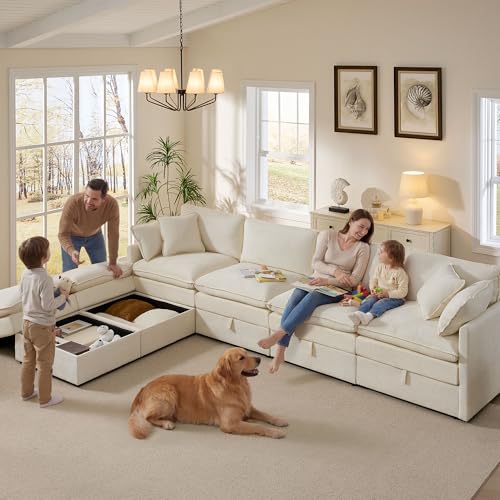 Image of Ihanherry 135 inch Modular Sectional Sofa with Storage, U Shaped Cloud Couch with Movable Ottomans & 4 Pillows, Chenille Deep Seat Sectional Couches for Living Room, Apartment (Beige)