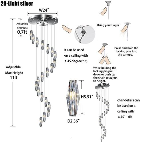 Flashing God H138'' 20-Lights Spiral Crystal Chandelier For Foyer/Staircase High Ceilings Long Pendant Lighting Decoration Crystal Chandelier Led Dimming 3000K-6000K #TOP1