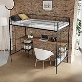 PVWIIK Loft Bed Twin with Desk and Storage Shelves,Heavy Duty Metal Loft Bed with Ladder for Kids Teens Adults,Noise Free,Black