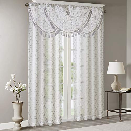 Irina Diamond Sheer Embroidered Ascot Grey Window Valance , Elegant Pattern-Rod Pocket Valances For Windows , 38"W X 46"L , White / Gray #TOP3