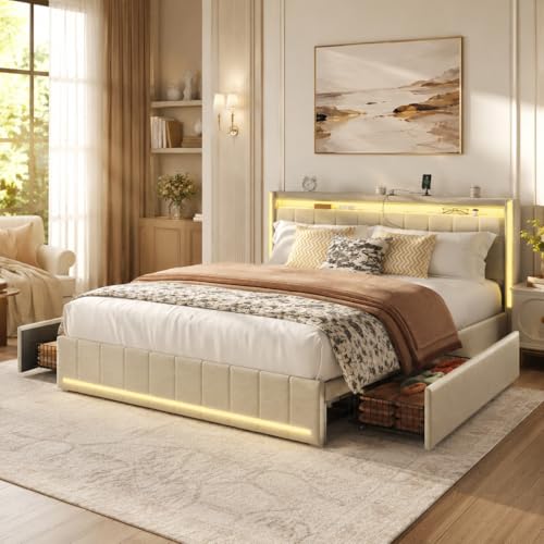 KeepGoon Lit Double 160 x 200 cm, lit rembourré avec sommier et lumières LED, Cadre de lit 4 tiroirs en Fer et Un Port de Charge USB, Tissu en Lin