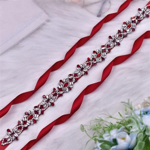 Women Red Rhinestone Bride Thin Belt Wedding Dress Accessories Banquet Dress Belt4