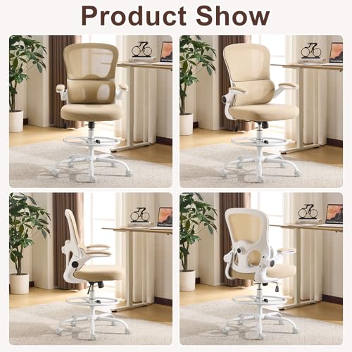 Image of Karl home Ergonomic Drafting Chair, Khaki | Lumbar Support, Flip-Up Armrests, Adjustable Height Footrest Ring, Breathable Mesh, Tall Swivel