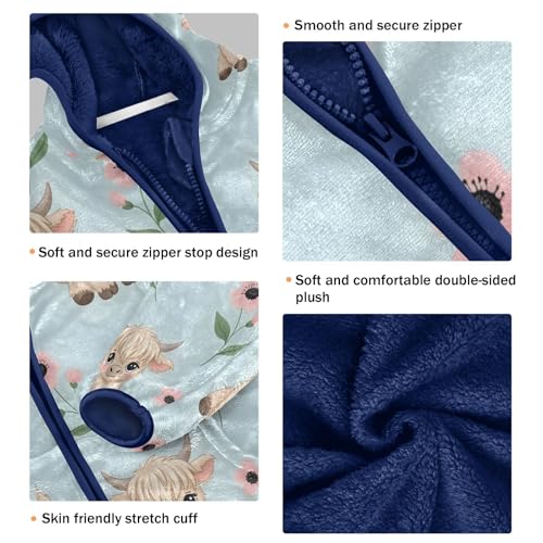 Cute Highland Cows with Flowers Toddler Fleece Jacket Girl Boys Hooded Fleece Jacket Coat Warm Outwear Zip-up 3-10T3