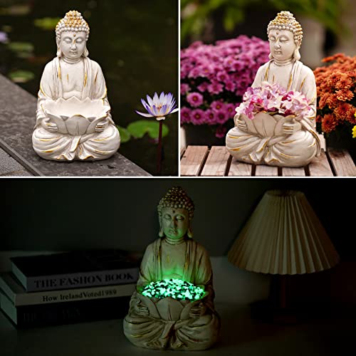 Goodeco Meditating Buddha Statue Sculpture - Outdoor Sitting Sculpture Decoration,Marble Finish With Lotus And Magical Glow In The Dark Pebbles And Glass Stones,Gift Idea,White Color (12 Inch) #TOP5