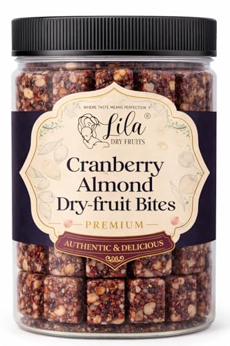 Image of LILA DRY FRUITS Dry Fruit Bites 100 gms Cranberry Almond Dry Fruits Barfi | Dates, Almonds & Dried Cranberries with Desi Ghee | Soft Energy Snack Bites Natural Sweet Snack for Anytime Munching