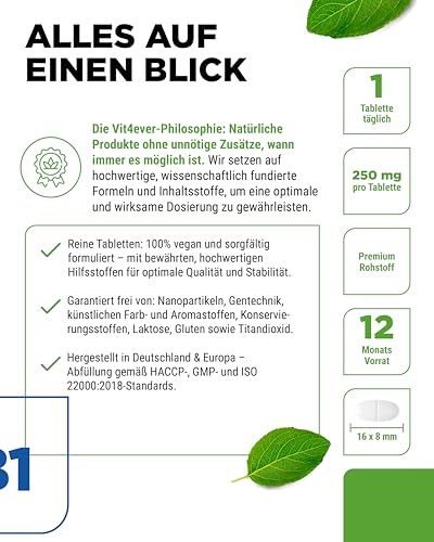 vit4ever Vitamin B1 (Thiamin) - 250 mg - 365 Tabletten - Premium: Thiamin Hydrochlorid - Hohe Bioverfügbarkeit - 12 Monatsvorrat - Ohne unerwünschte Zusätze - Vegan
