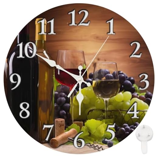 Britimes Round Wall Clock Silent Non-Ticking Battery Operated Clock 10 Inch, Glasses Red White Wine Grapes Home Decor for Living Room, Kitchen, Bedroom, and Office