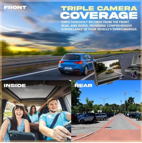Image of 3 Channel Car Dash Camera Front Rear Inside, Full HD 1080P Car DVR with 4.2 Inch Display, Loop Recording, Reverse Camera Display, Wide Angle Vehicle Video Recorder Dash Cam