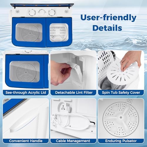 Giantex Portable Washing Machine, 18LBS Twin Tub Mini Compact Laundry Washer Spinner Combo with Drain Pump, 11Lbs Washer and 7Lbs Spinner for Apartments, RVs, Dorms, Blue+White - 5